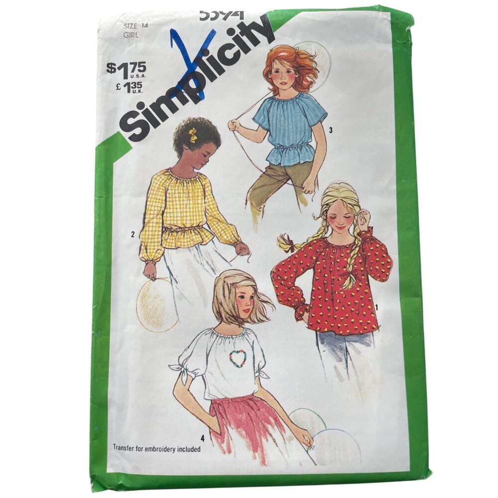80s Simplicity 5394 Girls Sewing Pattern Size 14 Top Embroidery Transfers CUT